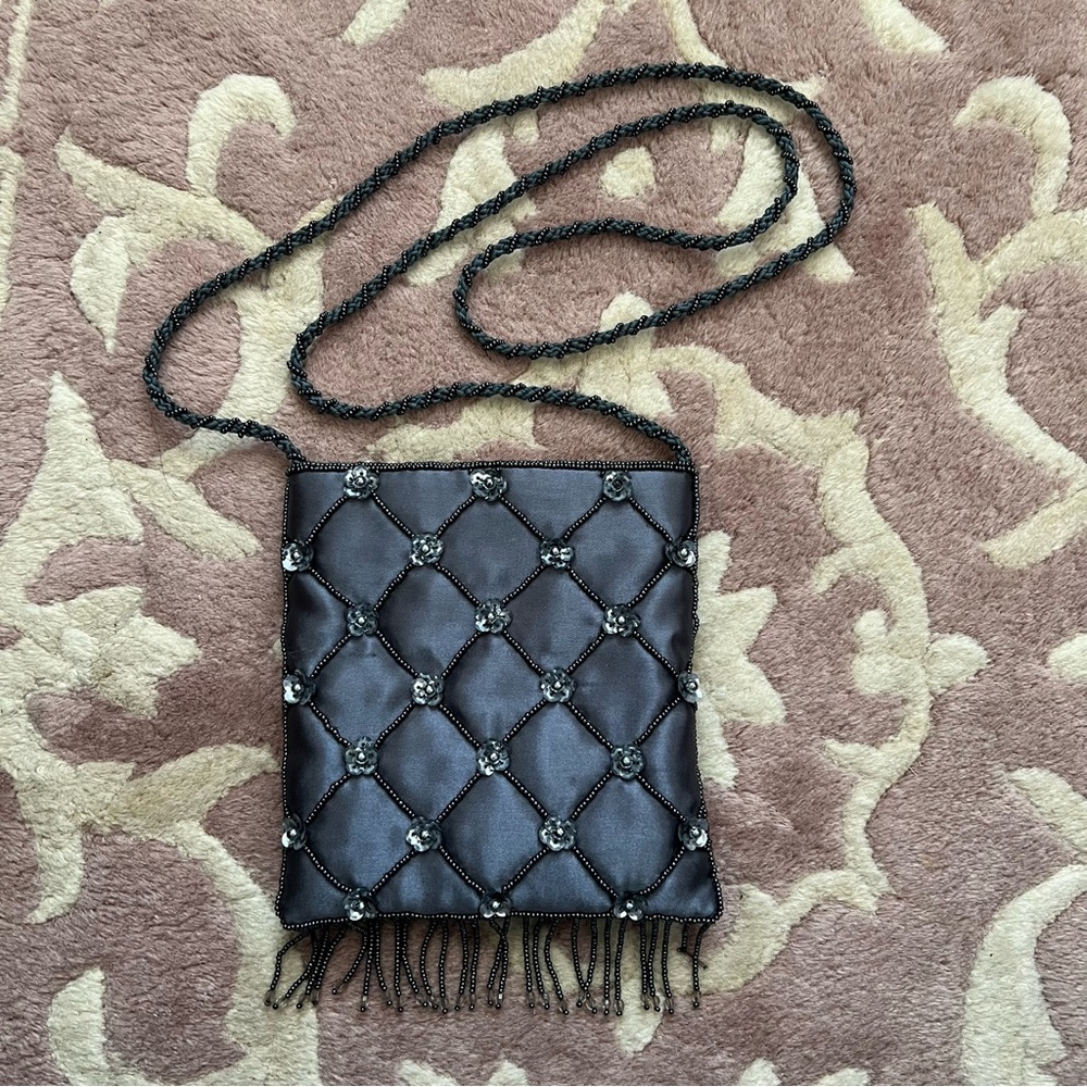 Y2k gray and silver sequin beaded crossbody bag with bead fringe Purse